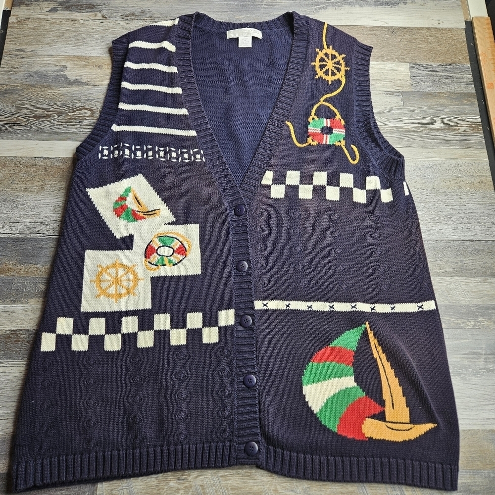 Vintage Sweater Vest Nautical Yacht Rock Navy Blue 1X
